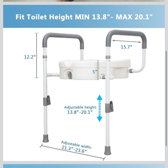 Adjustable White Raised Toilet Seat With Safety Rail - Picture 5 of 9